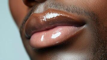 Close-up view of beautifully glossy lips showcasing natural curves and shine against a soft background photo