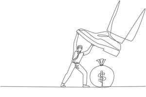 Single one line drawing businessman holds back the giant's foot that wants to step on the money bag. Restrain greed that wants to destroy business profits. Continuous line design graphic illustration vector