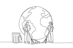 Continuous one line drawing trash man and trash woman sweep up the trash scattered in front of globe. Have high dedication to work. Save earth by cleaning. Single line draw design illustration vector