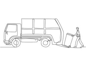 Single one line drawing trash man loads the trash can into the trash truck. Garbage trucks will drive around to pick up trash elsewhere. Environmental care. Continuous line design graphic illustration vector