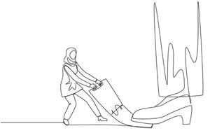 Single continuous line drawing Arab businesswoman pulling banknotes that were stepped on by the giant feet. Extra struggle to withdraw the money that due payment. One line design illustration vector
