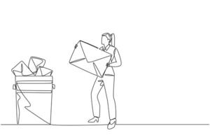 Single continuous line drawing businesswoman throw the large envelope in the trash. Delete many messages. Meet storage quota. Avoid spam. Clean digital memory. One line design illustration vector