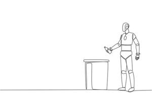 Continuous one line drawing robot throw used plastic bottles into overflowing trash cans. Environmental care. Programmed to always be clean. Future tech. Single line draw design illustration vector