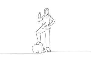 Single continuous line drawing Arab businesswoman with thumbs up pose and steps on piggy bank. Invitation to insure assets in the form of investments. Better life. One line design illustration vector