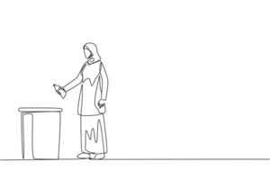 Single continuous line drawing Arabian woman throw used plastic bottles into overflowing trash cans. Environmental care. Provide examples of commendable actions. One line design illustration vector