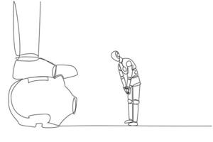 Single continuous line drawing a new robot nodded in front of giant foot that stepped on the piggy bank. Good learning robot. Learn to invest. Future technology. One line design illustration vector