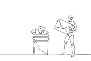 Single one line drawing robot throw large envelope in the trash. Eliminates the many bugs that plague artificial intelligence. Future technology concept. Continuous line design graphic illustration vector