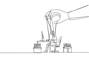 Single continuous line drawing robot typing on a laptop, hand moved by rope controlled by a giant hand. Controlling everything. Enslave robots. Future tech concept. One line design illustration vector