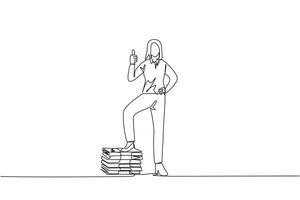 Continuous one line drawing businesswoman stands with thumbs up pose and steps on stack of banknotes. Get a lot of benefits in a short time. Work smart way. Single line draw design illustration vector