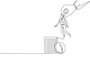 Continuous one line drawing businessman is lifted by giant hand will be put into trash can. Corruption perpetrators. Crime in office must be eliminated. Single line draw design illustration vector