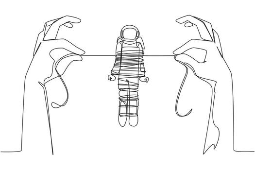 Continuous one line drawing astronaut standing and tied by a rope held by 2 giant hands. Become a prisoner. Hostage to fraud case. Failed space expedition. Single line draw design illustration vector