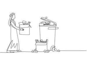 Single continuous line drawing Arab businessman carrying a cardboard box full of piles of paper to trash. Clean things that distract the mind to focus on business. One line design illustration vector