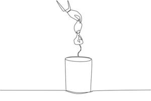 Continuous one line drawing businessman's hand throwing away a crushed plastic bottle. Best way to dispose of plastic items. Can be reused. Can be recycled. Single line draw design illustration vector