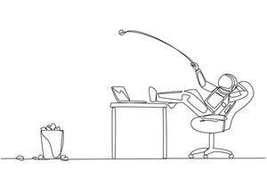 Continuous one line drawing astronaut sitting in a chair throwing wads of paper into trash. Discarding cooperation documents. No price match. Outer space. Single line draw design illustration vector