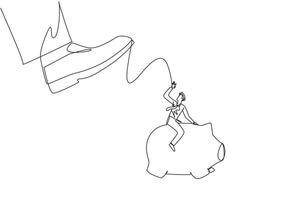 Single one line drawing businessman riding a piggy bank runs away from giant feet. Keeps trouble out of business. Maintain company's asset to keep growing. Continuous line design graphic illustration vector