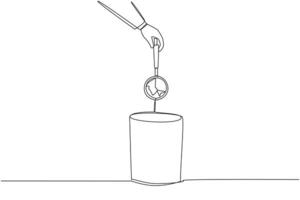 Single continuous line drawing businessman's hand throwing away broken magnifier. Doesn't have optics. Cannot be used for research. Cannot be used for searching. One line design illustration vector