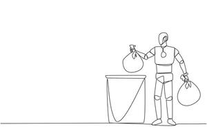 Single continuous line drawing robot puts the trash bag into the trash can. Environmental care. Household assistant robot. Future artificial intelligence concept. One line design illustration vector