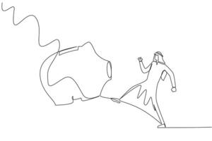Single one line drawing Arab businessman kicking piggy bank. Emotions reduce intelligence. Wasting quite a large asset. The opportunity to invest is wasted. Continuous line design graphic illustration vector