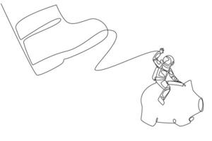 Continuous one line drawing astronaut riding piggy bank runs away from giant foot. Saving equipment investment remaining on a space expedition trip. Space. Single line draw design illustration vector