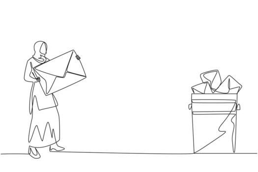continuo uno línea dibujo árabe mujer de negocios lanzar el grande sobre en basura. Eliminar digital datos ese es considerado sin importancia. propenso a datos robo. soltero línea dibujar diseño ilustración vector