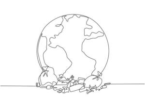 Single one line drawing a large globe surrounded by scattered rubbish. Nature no longer presents its beauty. Risk of more rapid increase in global warming. Continuous line design graphic illustration vector
