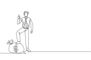 Single continuous line drawing businessman stands with thumbs up pose and steps on the money bag with one of his foot. Victory expression. Successful. Achievement. One line design illustration vector