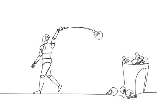 Single continuous line drawing robot walking throwing light bulbs into the trash can. Not the most genius robot. Artificial intelligence is starting to decline. One line design illustration vector
