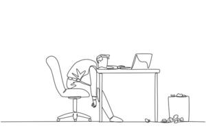 Single continuous line drawing businessman sitting in work chair looking tired. Want to work on business reports on a laptop. Very tired. Loss of focus and passion. One line design illustration vector