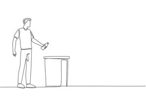 Single one line drawing a man throw used plastic bottles into overflowing trash cans. Environmental care. Correct littering waste. Recyclable waste. Clean. Continuous line design graphic illustration vector