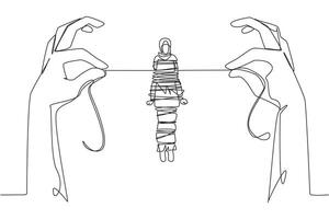Single one line drawing Arab businesswoman standing and tied by rope held by 2 giant hands. Used as business collateral. Trapped in debt. Failed miserably. Continuous line design graphic illustration vector