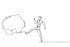Continuous one line drawing businessman kicking piggy bank. The opportunity to invest is wasted. There is no concern about a better future by investing. Single line draw design illustration vector