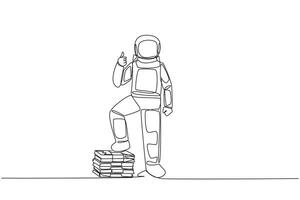 Continuous one line drawing astronaut stands with thumbs up pose and steps on stack of banknotes with one of foot. Get important expedition sponsors. Space. Single line draw design illustration vector