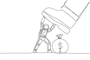 Continuous one line drawing young astronaut holds back giant foot that want to step on money bag. Get full disturbance from intruder. Cosmonaut deep space. Single line draw design illustration vector