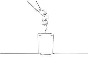 Single continuous line drawing businessman's hand throws away a crushed drink can. The correct way to dispose of it. Can be recycled. Useful waste. Broken. Cracked. One line design illustration vector