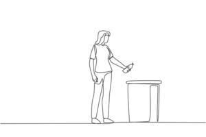 Single one line drawing woman throw used plastic bottles into overflowing trash cans. Environmental care. Recyclable waste. Cleaning up the environment. Continuous line design graphic illustration vector