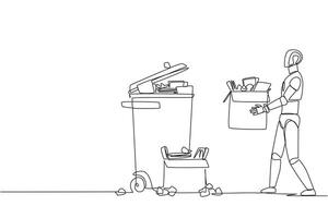 Single one line drawing robot carrying a cardboard box full of piles of paper to the trash. Robots care about cleanliness. Future artificial intelligence. Continuous line design graphic illustration vector
