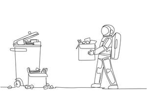 Single one line drawing astronaut carrying a cardboard box full of piles of paper to the trash. Clean the work room before leaving for a space expedition. Continuous line design graphic illustration vector