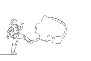 Single continuous line drawing young astronaut kicking the piggy bank. Full of anger. The savings prepared are still not enough to fund a space expedition. Galaxy. One line design illustration vector