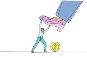 Continuous one line drawing businesswoman holds back a giant foot wants to step on coin with dollar symbol. Try to eliminate business interruptions. Profit. Single line draw design illustration vector