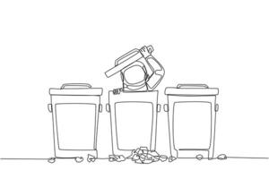 Single continuous line drawing astronaut peeking out of the trash can, there were lots of wads of paper. Failed expedition. Embarrassed. Cosmic galaxy outer space. One line design illustration vector
