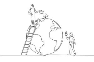 Continuous one line drawing Arab man and woman work together to green the earth. Plant as many trees as possible. Reduce excess pollution. Protect earth. Single line draw design illustration vector