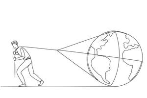 Continuous one line drawing a man pulls a globe. A real action to make the earth a better place. Keep away from pollution that can damage the ozone layer. Single line draw design illustration vector