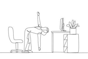 Single continuous line drawing Arab man stands with one hand raised the other hand holding tip of leg. Stretching. Take advantage of free time for light exercise. One line design illustration vector
