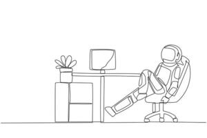 Continuous one line drawing astronaut sits in work chair with one of legs raised and folded. Relax. A daily activity plan for space expedition is done. Single line draw design illustration vector