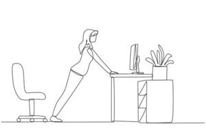 Continuous one line drawing woman do push up movements by holding edge of work table. Overcome boredom with light exercise. Helps stay focused. Overtime. Single line draw design illustration vector