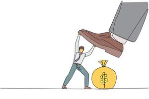 Single one line drawing businessman holds back the giant's foot that wants to step on the money bag. Restrain greed that wants to destroy business profits. Continuous line design graphic illustration vector