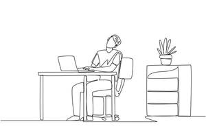 Single one line drawing man sitting in work chair typing on a laptop with his head tilted. Eliminates tension in the neck due to too much focus. Overtime. Continuous line design graphic illustration vector