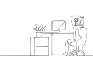 Single continuous line drawing man sitting in a work chair warming up his hands above his head. Work overtime on weekends. Requires more focus than usual. Stretch. One line design illustration vector