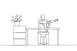 Single continuous line drawing robot sitting in a work chair with his arms crossed. Stretching. Train continuous muscle movements. Artificial intelligence tech. One line design illustration vector
