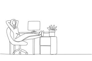 Continuous one line drawing woman sits in work chair with hands behind head and her legs raised on work desk. Relax. Waiting for the report to be reviewed. Single line draw design illustration vector